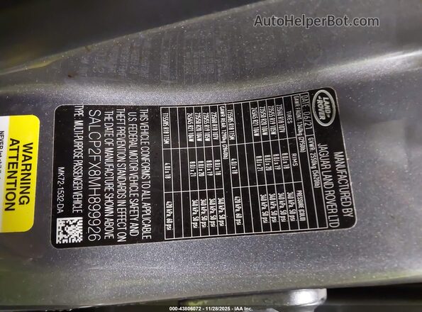 SALCP2FX8MH899926 2021 LAND ROVER DISCOVERY SPORT Gray Շարժիչի բաժամունքի տեսք