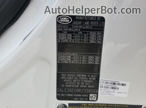 SALE26EU9R2338568 2024 LAND ROVER DEFENDER White Widok naklejki z numerem VIN