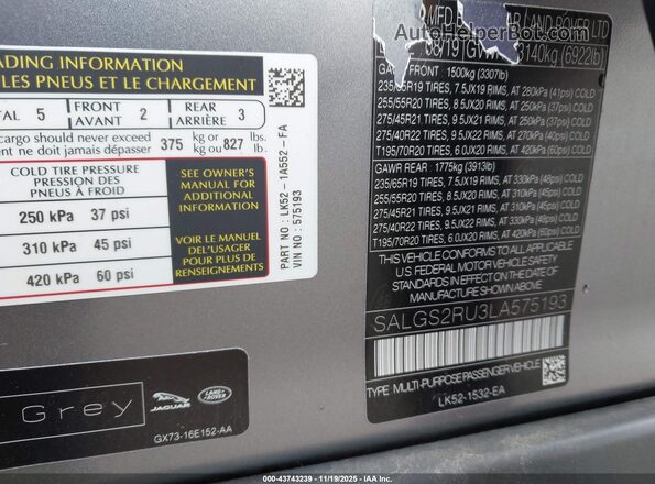 SALGS2RU3LA575193 2020 LAND ROVER RANGE ROVER Pewter Widok komory silnika