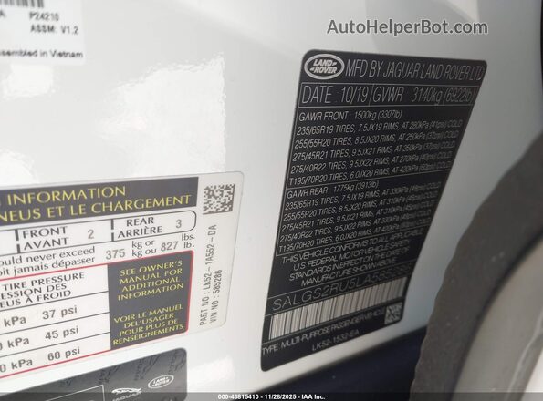 SALGS2RU5LA585286 2020 LAND ROVER RANGE ROVER Black Շարժիչի բաժամունքի տեսք
