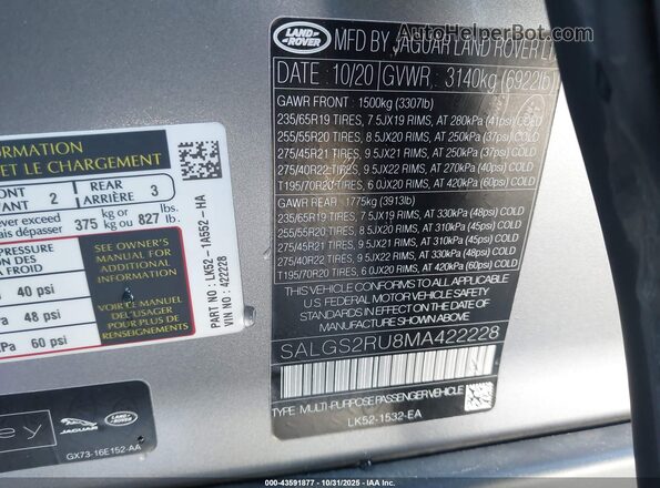 SALGS2RU8MA422228 2021 LAND ROVER RANGE ROVER Серый Вид подкапотного пространства