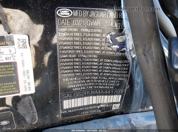 SALGS2RU8MA441703 2021 LAND ROVER RANGE ROVER Black ძრავის განყოფილების ხედი