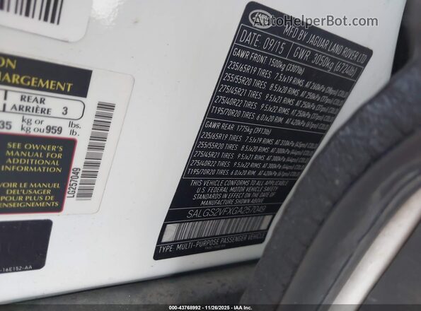 SALGS2VFXGA257049 2016 LAND ROVER RANGE ROVER White Engine compartment view