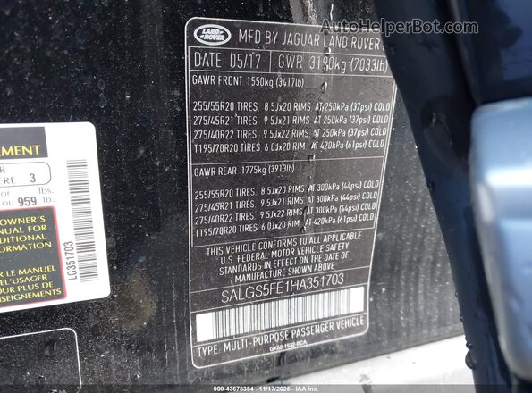 SALGS5FE1HA351703 2017 LAND ROVER RANGE ROVER Черный Вид подкапотного пространства