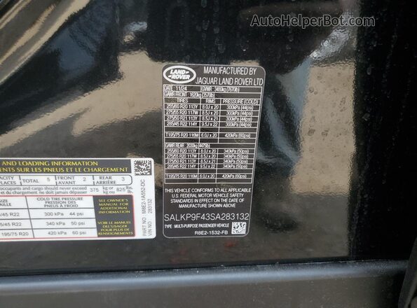 SALKP9F43SA283132 2025 LAND ROVER RANGE Black Widok naklejki z numerem VIN