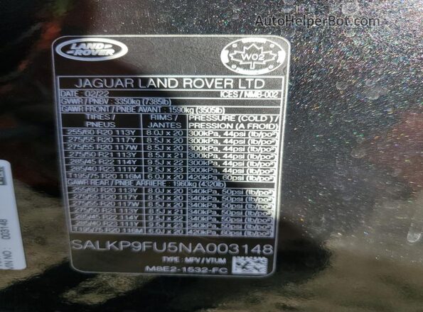 SALKP9FU5NA003148 2022 LAND ROVER RANGE Black Вид наклейки з VIN-кодом