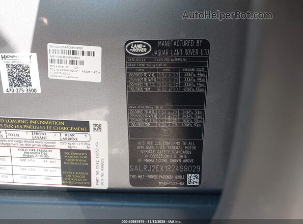 SALRJ2EX1R2498029 2024 LAND ROVER DISCOVERY Серый Вид подкапотного пространства
