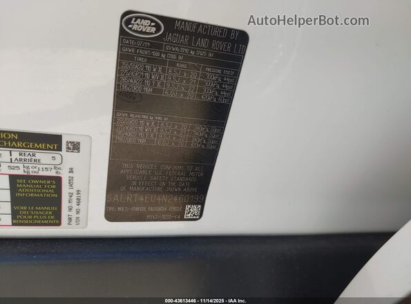 SALRT4EU4N2460199 2022 LAND ROVER DISCOVERY White ძრავის განყოფილების ხედი