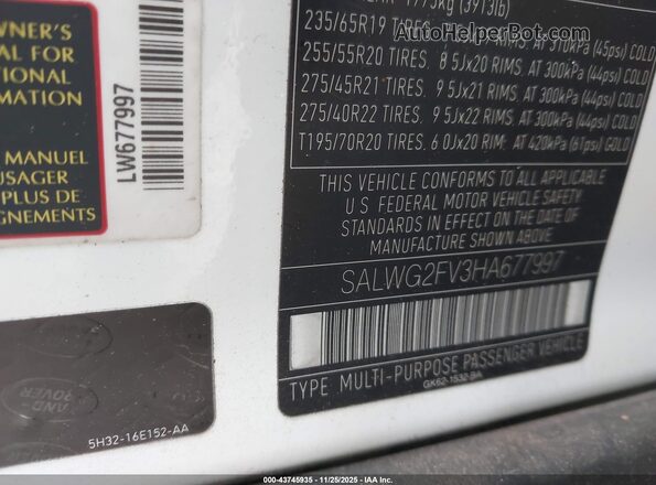 SALWG2FV3HA677997 2017 LAND ROVER RANGE ROVER SPORT White Widok komory silnika