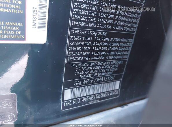 SALWR2FV3HA131257 2017 LAND ROVER RANGE ROVER SPORT Зеленый Вид подкапотного пространства