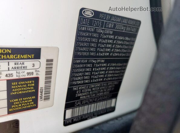 SALWR2KF4GA644031 2016 LAND ROVER RANGE Белый Вид наклейки с VIN-кодом