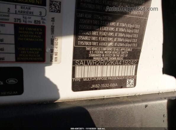 SALWR2RV2KA419242 2019 LAND ROVER RANGE ROVER SPORT White Widok komory silnika