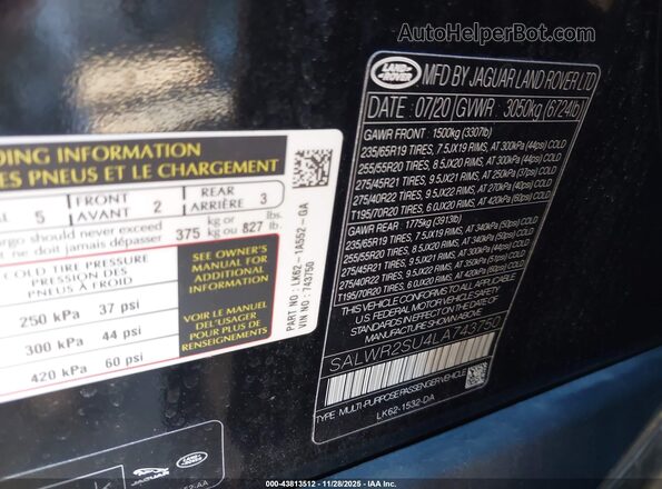 SALWR2SU4LA743750 2020 LAND ROVER RANGE ROVER SPORT Black Widok komory silnika