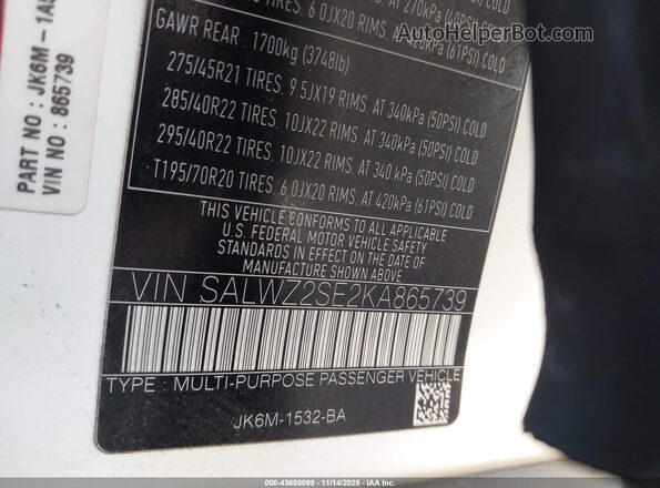 SALWZ2SE2KA865739 2019 LAND ROVER RANGE ROVER SPORT Белый Вид подкапотного пространства