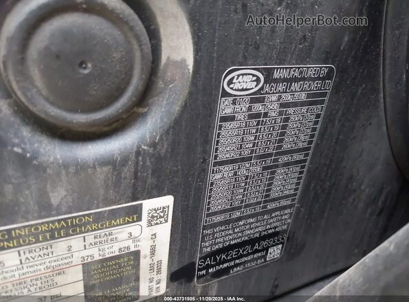 SALYK2EX2LA269333 2020 LAND ROVER RANGE ROVER VELAR Black Вид підкапотного простору