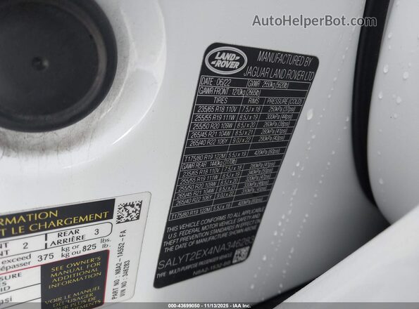 SALYT2EX4NA346283 2022 LAND ROVER RANGE ROVER VELAR Белый Вид подкапотного пространства
