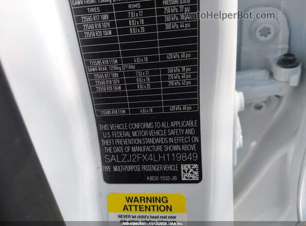 SALZJ2FX4LH119849 2020 LAND ROVER RANGE ROVER EVOQUE Белый Вид подкапотного пространства