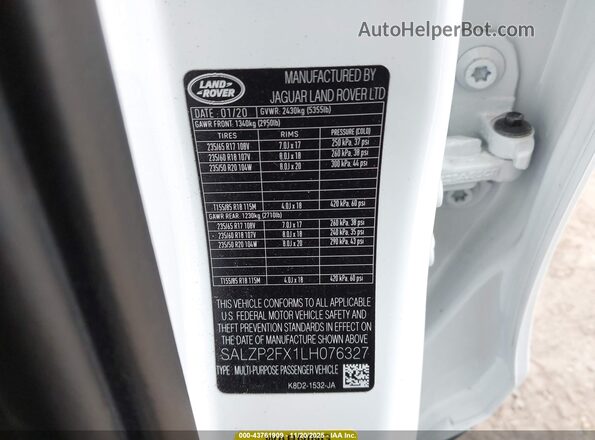 SALZP2FX1LH076327 2020 LAND ROVER RANGE ROVER EVOQUE White ძრავის განყოფილების ხედი