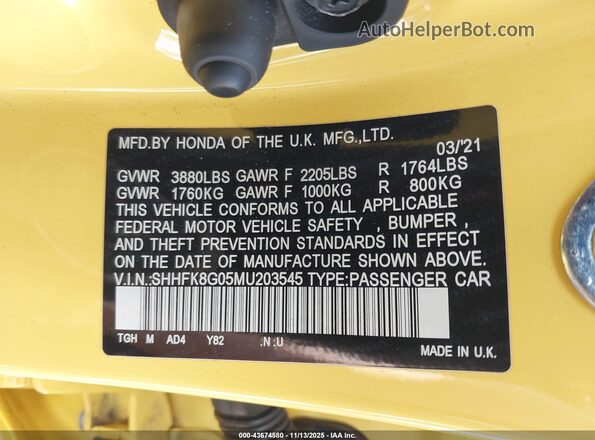SHHFK8G05MU203545 2021 HONDA CIVIC TYPE R Желтый Вид подкапотного пространства