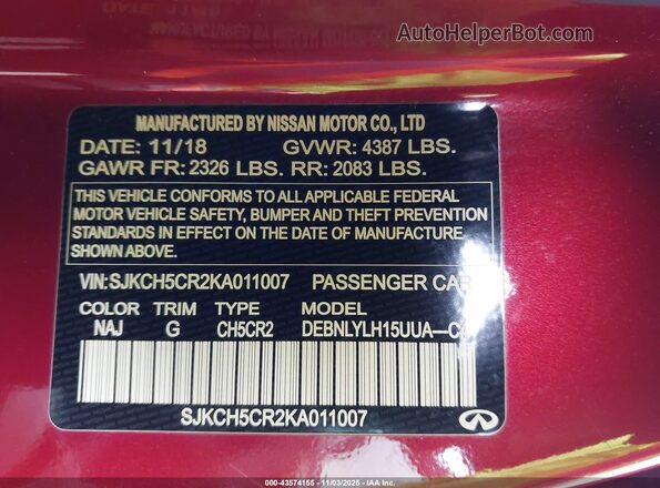 SJKCH5CR2KA011007 2019 INFINITI QX30 Red Вид підкапотного простору