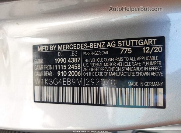 W1K3G4EB9MJ292070 2021 MERCEDES-BENZ A 220 Серебряный Вид подкапотного пространства