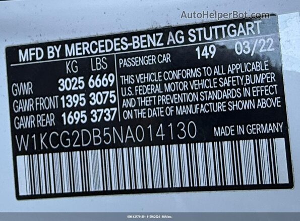 W1KCG2DB5NA014130 2022 MERCEDES-BENZ EQS SEDAN White VIN sticker view