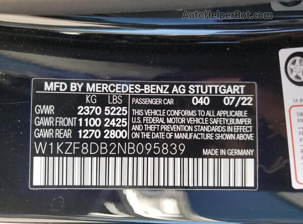 W1KZF8DB2NB095839 2022 MERCEDES-BENZ E Black Widok naklejki z numerem VIN