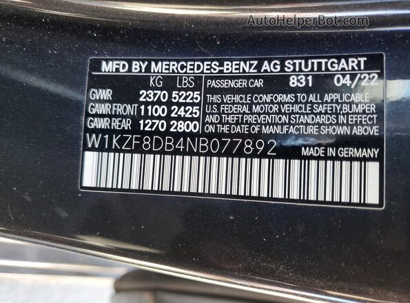 W1KZF8DB4NB077892 2022 MERCEDES-BENZ E Черный Вид наклейки с VIN-кодом