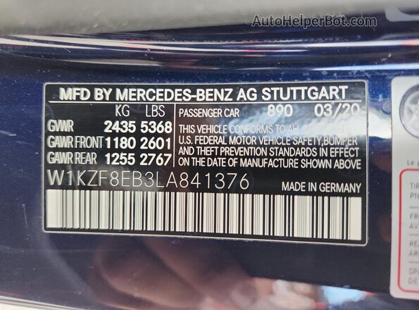 W1KZF8EB3LA841376 2020 MERCEDES-BENZ E Blue ძრავის განყოფილების ხედი