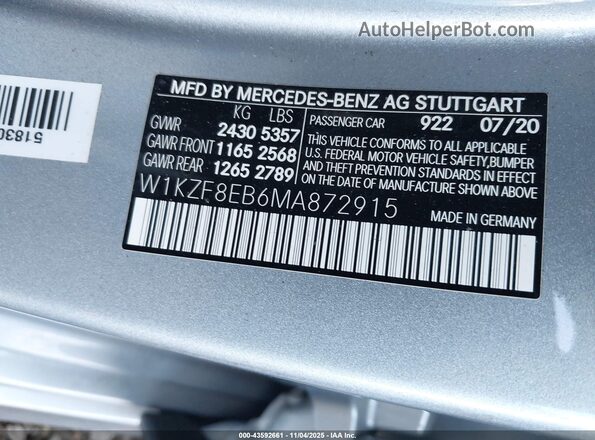 W1KZF8EB6MA872915 2021 MERCEDES-BENZ E-CLASS Silver ძრავის განყოფილების ხედი