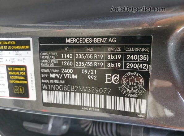 W1N0G8EB2NV329077 2022 MERCEDES-BENZ GLC-CLASS Gray Widok naklejki z numerem VIN