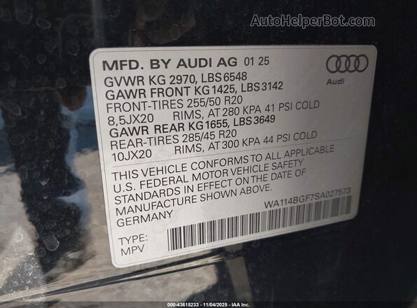 WA114BGF7SA027573 2025 AUDI Q6 E-TRON Black Vista del compartimento del motor