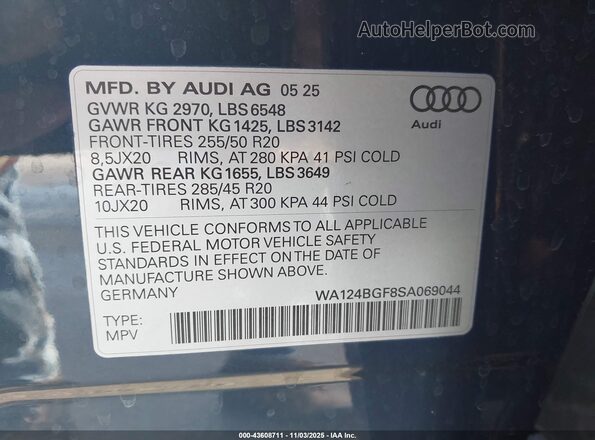 WA124BGF8SA069044 2025 AUDI Q6 E-TRON Blue Widok komory silnika