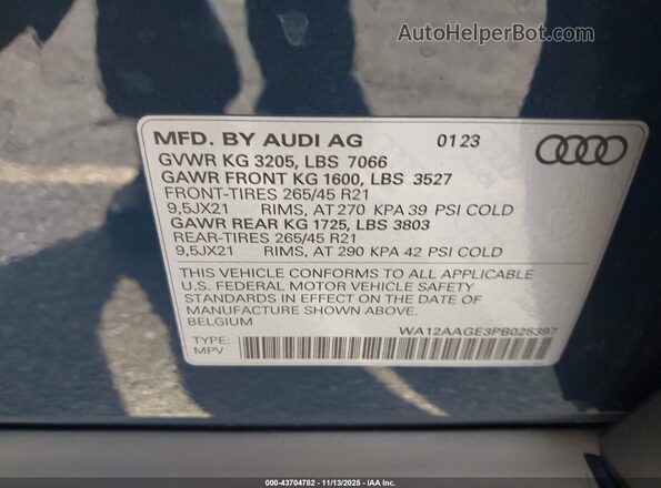 WA12AAGE3PB025397 2023 AUDI E-TRON Синий Вид подкапотного пространства