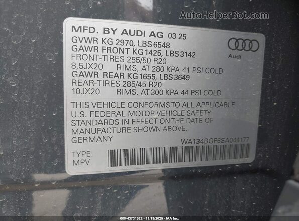 WA134BGF6SA044177 2025 AUDI Q6 E-TRON Серый Вид подкапотного пространства