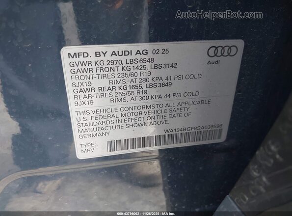 WA134BGF8SA036596 2025 AUDI Q6 E-TRON Dark Blue Вид підкапотного простору