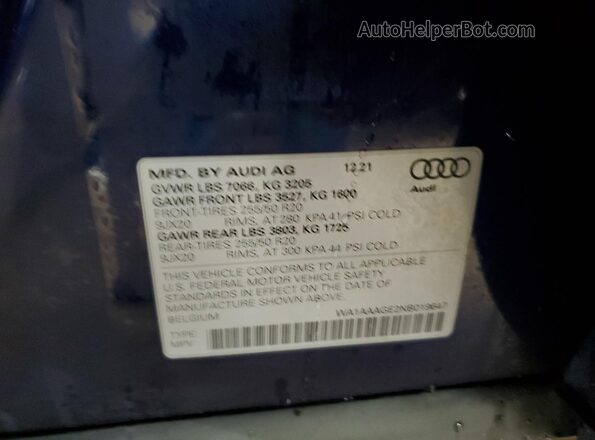 WA1AAAGE2NB019647 2022 AUDI E-TRON Blue Вид підкапотного простору