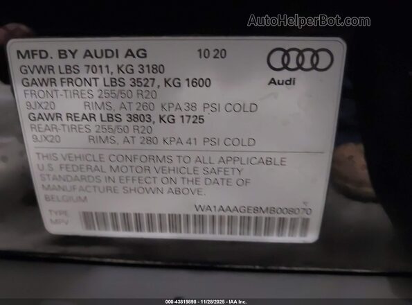 WA1AAAGE8MB008070 2021 AUDI E-TRON Black ძრავის განყოფილების ხედი
