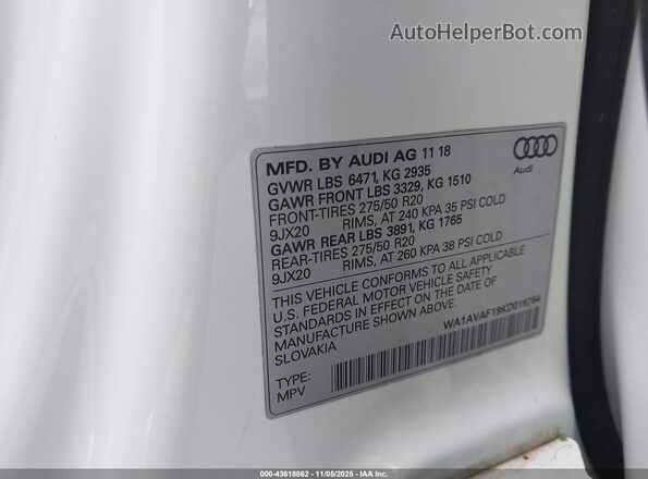 WA1AVAF19KD016764 2019 AUDI Q8 White Widok komory silnika