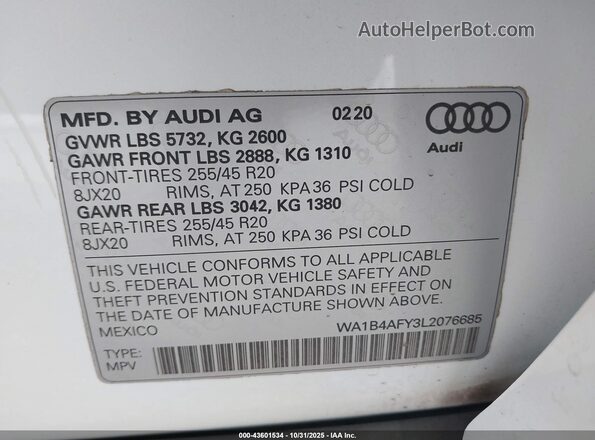 WA1B4AFY3L2076685 2020 AUDI SQ5 White Engine compartment view