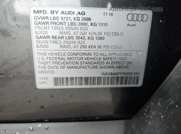 WA1B4AFY7K2021252 2019 AUDI SQ5 Серый Вид наклейки с VIN-кодом