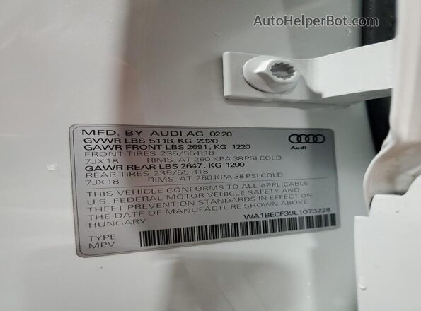 WA1BECF39L1073728 2020 AUDI Q3 Белый Панорамный вид салона 360°