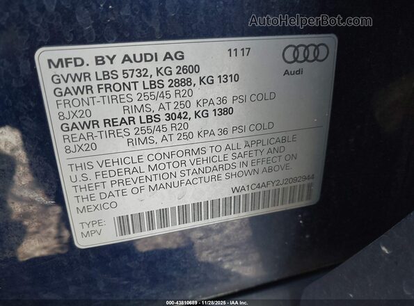 WA1C4AFY2J2092944 2018 AUDI SQ5 Blue Շարժիչի բաժամունքի տեսք