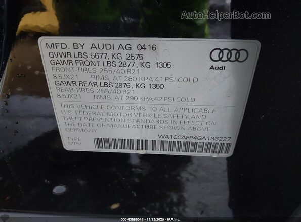 WA1CCAFP4GA133227 2016 AUDI SQ5 Black Widok komory silnika