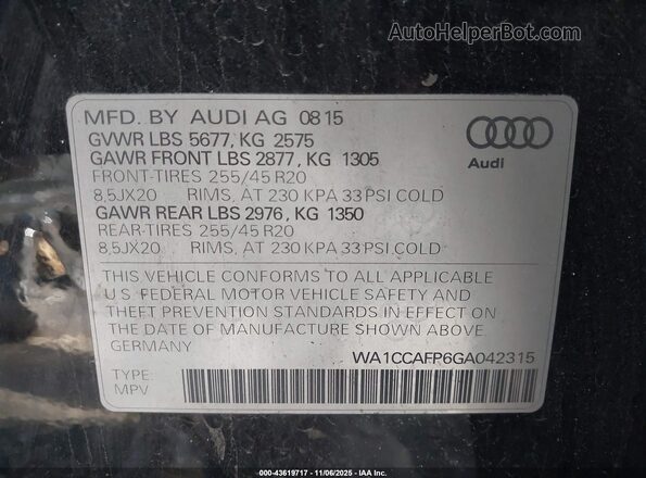 WA1CCAFP6GA042315 2016 AUDI SQ5 Black ძრავის განყოფილების ხედი