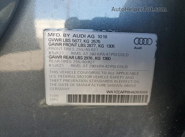 WA1CCAFP8HA063068 2017 AUDI SQ5 Gray Widok naklejki z numerem VIN