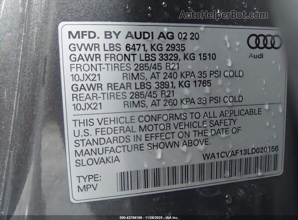 WA1CVAF13LD020156 2020 AUDI Q8 Gray Вид підкапотного простору