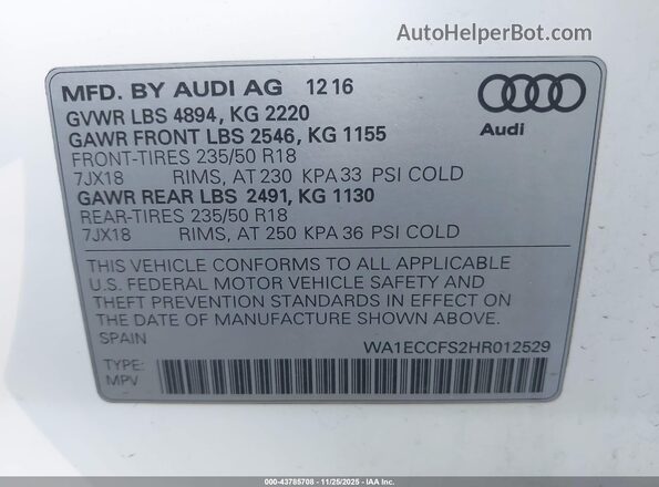 WA1ECCFS2HR012529 2017 AUDI Q3 White Вид підкапотного простору