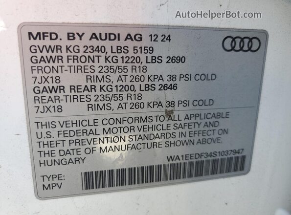 WA1EEDF34S1037947 2025 AUDI Q3 Белый Вид наклейки с VIN-кодом