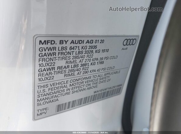 WA1EVAF10LD013884 2020 AUDI Q8 White Շարժիչի բաժամունքի տեսք